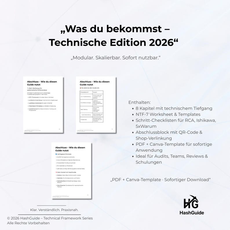 May include: A white document with the text "Was du bekommst - Technische Edition 2026" and "Modular. Scalable. Immediately usable." The document includes a list of contents and the HashGuide logo.