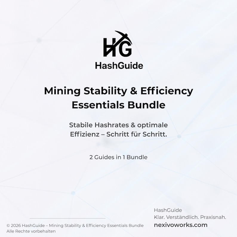 Op de afbeelding: Witte afbeelding met het HashGuide-logo en de tekst: "Mining Stability & Efficiency Essentials Bundle." Bevat de tekst "2 Guides in 1 Bundle" en "nexivoworks.com."