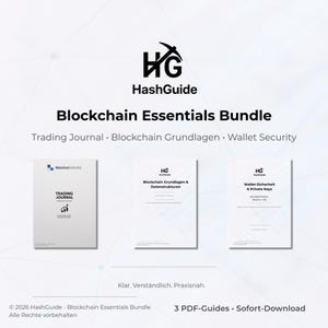 May include: Image of the HashGuide Blockchain Essentials Bundle. The image features three white books with text, including "Trading Journal," "Blockchain Grundlagen," and "Wallet Security." The HashGuide logo is at the top.
