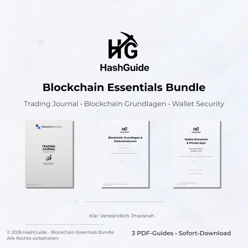 May include: Image of the HashGuide Blockchain Essentials Bundle. The image features three white books with text, including "Trading Journal," "Blockchain Grundlagen," and "Wallet Security." The HashGuide logo is at the top.