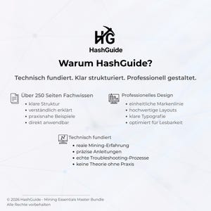 Op de afbeelding: Een wit en lichtblauw grafisch ontwerp met het HashGuide-logo en de tekst "Warum HashGuide?". De tekst beschrijft de technische basis van de gids, de duidelijke structuur en het professionele ontwerp. Het benadrukt meer dan 250 pagina's expertise, professioneel ontwerp en echte mining-ervaring.
