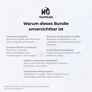 Pu&ograve; includere: Grafica bianca con il logo HashGuide e testo nero. Il titolo &egrave; "Warum dieses Bundle unverzichtbar ist." Il testo elenca sei vantaggi di un pacchetto di ottimizzazione del mining, tra cui stabilit&agrave; ed efficienza.