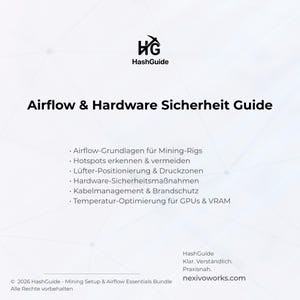 Puede incluir: Un gr&aacute;fico blanco con el logotipo de HashGuide y el t&iacute;tulo "Airflow & Hardware Sicherheit Guide". La gu&iacute;a cubre temas como el flujo de aire, los puntos cr&iacute;ticos, el posicionamiento de los ventiladores y la seguridad del hardware. Tambi&eacute;n se muestra el sitio web nexivoworks.com.