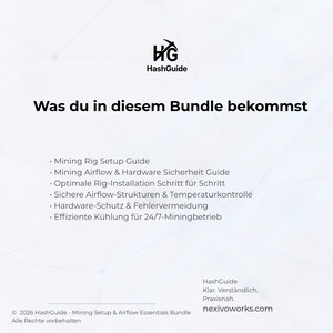 Puede incluir: Gr&aacute;fico blanco con el logotipo de HashGuide y el texto "Was du in diesem Bundle bekommst." Debajo, vi&ntilde;etas enumeran temas como la configuraci&oacute;n de miner&iacute;a, el flujo de aire y la seguridad del hardware. Tambi&eacute;n se muestra el sitio web nexivoworks.com.