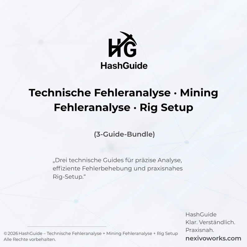 May include: A white digital document cover titled HashGuide featuring a black logo with a pickaxe icon. The text reads: Technische Fehleranalyse, Mining Fehleranalyse, Rig Setup, 3-Guide-Bundle, and a German description. Includes copyright and nexivoworks.com.
