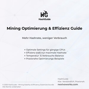 Op de afbeelding: Een witte afbeelding met het HashGuide-logo en tekst. De tekst luidt "Mining Optimalisatie & Effici&euml;ntie Gids" en "Meer Hashrate, minder verbruik". Opsommingstekens tonen onderwerpen zoals GPU-instellingen en effici&euml;ntie.