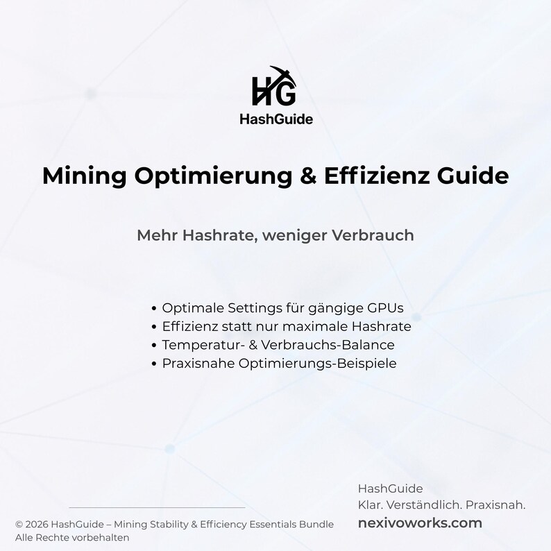 Op de afbeelding: Een witte afbeelding met het HashGuide-logo en tekst. De tekst luidt "Mining Optimalisatie & Effici&euml;ntie Gids" en "Meer Hashrate, minder verbruik". Opsommingstekens tonen onderwerpen zoals GPU-instellingen en effici&euml;ntie.