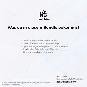 May include: A white graphic with the HashGuide logo and German text detailing a bundle's contents. The text includes HashGuides, setup instructions, efficiency strategies, and practical examples. The website nexivoworks.com is also displayed.