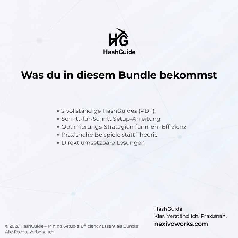 May include: A white graphic with the HashGuide logo and German text detailing a bundle's contents. The text includes HashGuides, setup instructions, efficiency strategies, and practical examples. The website nexivoworks.com is also displayed.