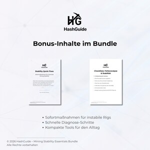 Pu&ograve; includere: Grafica bianca con il logo HashGuide e il testo "Bonus-Inhalte im Bundle". Vengono visualizzati due documenti, uno intitolato "Stability Quick Fixes" e l'altro "Checkliste: Fehleranalyse & Stabilit&auml;t". I punti elenco sono elencati in basso.
