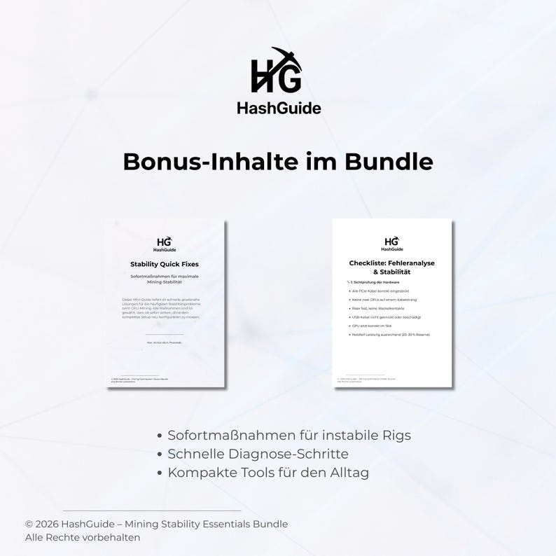 Pu&ograve; includere: Grafica bianca con il logo HashGuide e il testo "Bonus-Inhalte im Bundle". Vengono visualizzati due documenti, uno intitolato "Stability Quick Fixes" e l'altro "Checkliste: Fehleranalyse & Stabilit&auml;t". I punti elenco sono elencati in basso.