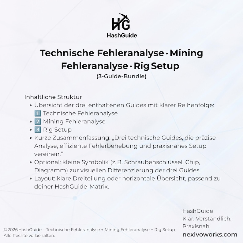 May include: A white informational document titled HashGuide featuring a 3-guide bundle for technical error analysis, mining error analysis, and rig setup. The text outlines the content structure, including a summary and layout suggestions for the guides.