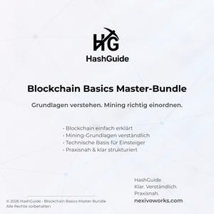 May include: A white graphic with the HashGuide logo and the text "Blockchain Basics Master-Bundle". The text also includes "Grundlagen verstehen. Mining richtig einordnen." and bullet points describing the bundle's contents. The website nexivoworks.com is also visible.