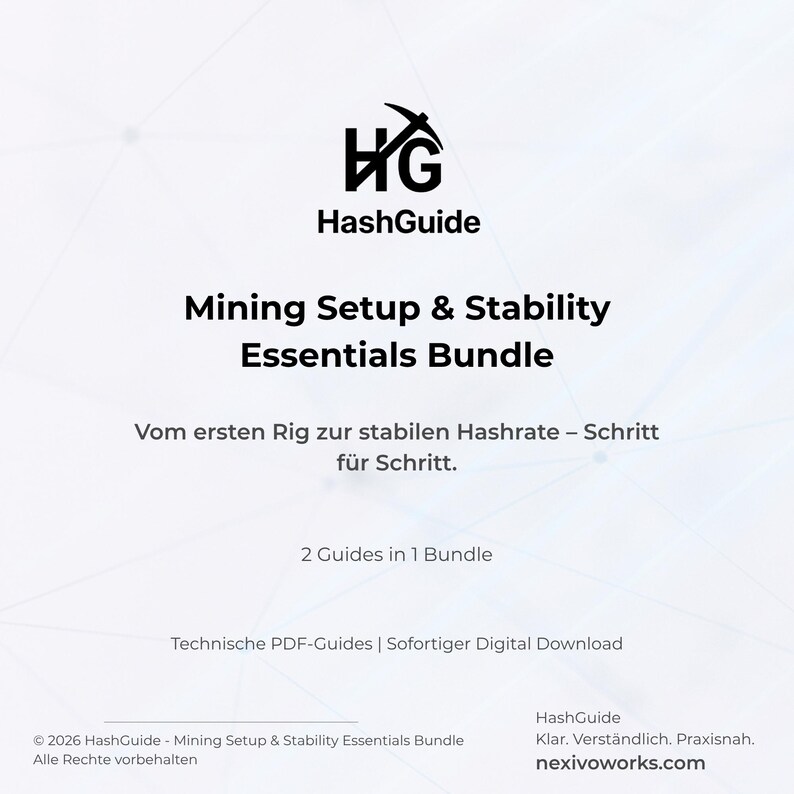 May include: A white graphic with the HashGuide logo and the text "Mining Setup & Stability Essentials Bundle." The image also includes the text "2 Guides in 1 Bundle" and "Technische PDF-Guides | Sofortiger Digital Download."