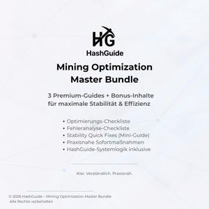 Puede incluir: Gráfico blanco con el logotipo de HashGuide y el texto "Mining Optimization Master Bundle". El paquete incluye guías y contenido adicional para la estabilidad y la eficiencia, con listas de verificación y soluciones rápidas.