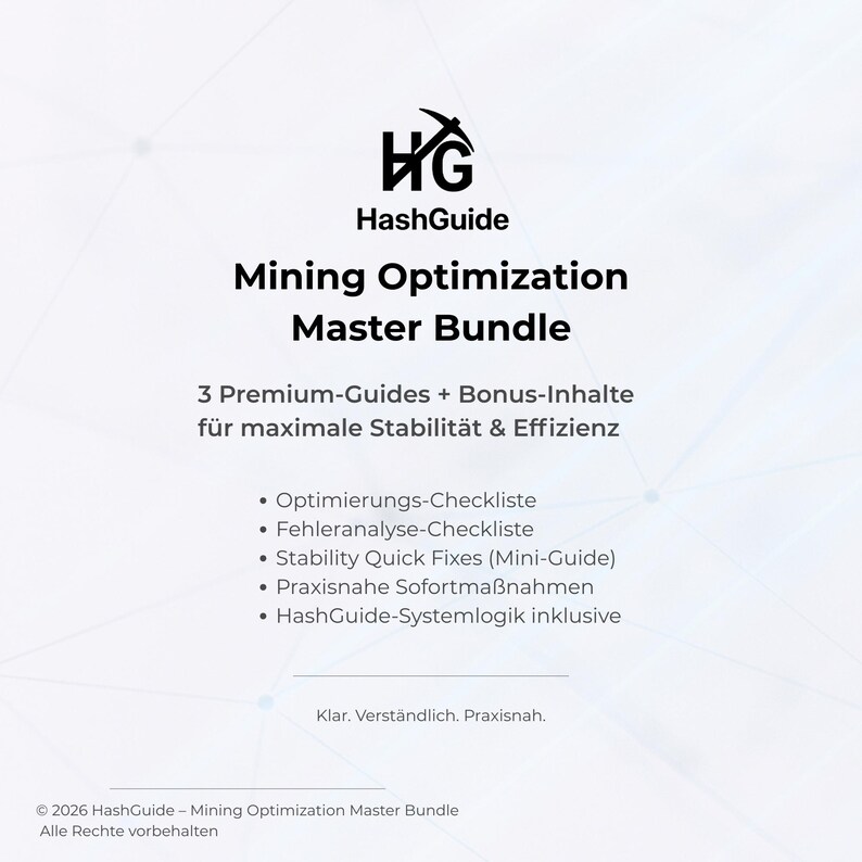 Pu&ograve; includere: Grafica bianca con il logo HashGuide e il testo "Mining Optimization Master Bundle". Il pacchetto include guide e contenuti bonus per la stabilit&agrave; e l'efficienza, con liste di controllo e soluzioni rapide.