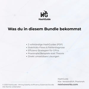 Op de afbeelding: Een wit en blauw grafisch ontwerp met het HashGuide-logo en de tekst "Was du in diesem Bundle bekommst." De tekst geeft de inhoud van de bundel weer, inclusief HashGuides, stabiliteitsanalyse en effici&euml;ntiestrategie&euml;n.