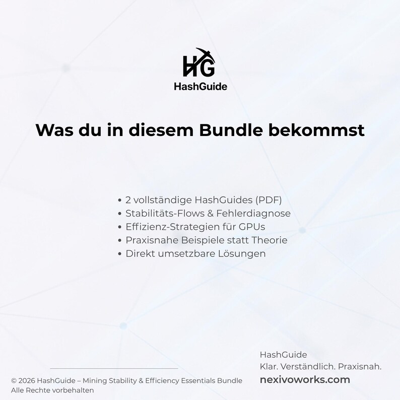 Op de afbeelding: Een wit en blauw grafisch ontwerp met het HashGuide-logo en de tekst "Was du in diesem Bundle bekommst." De tekst geeft de inhoud van de bundel weer, inclusief HashGuides, stabiliteitsanalyse en effici&euml;ntiestrategie&euml;n.