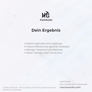 Op de afbeelding: Een witte afbeelding met het "HashGuide"-logo en de tekst "Dein Ergebnis". Hieronder staan opsommingstekens met voordelen, waaronder stabiele hashrates en hogere effici&euml;ntie. De onderkant van de afbeelding bevat de website nexivoworks.com.