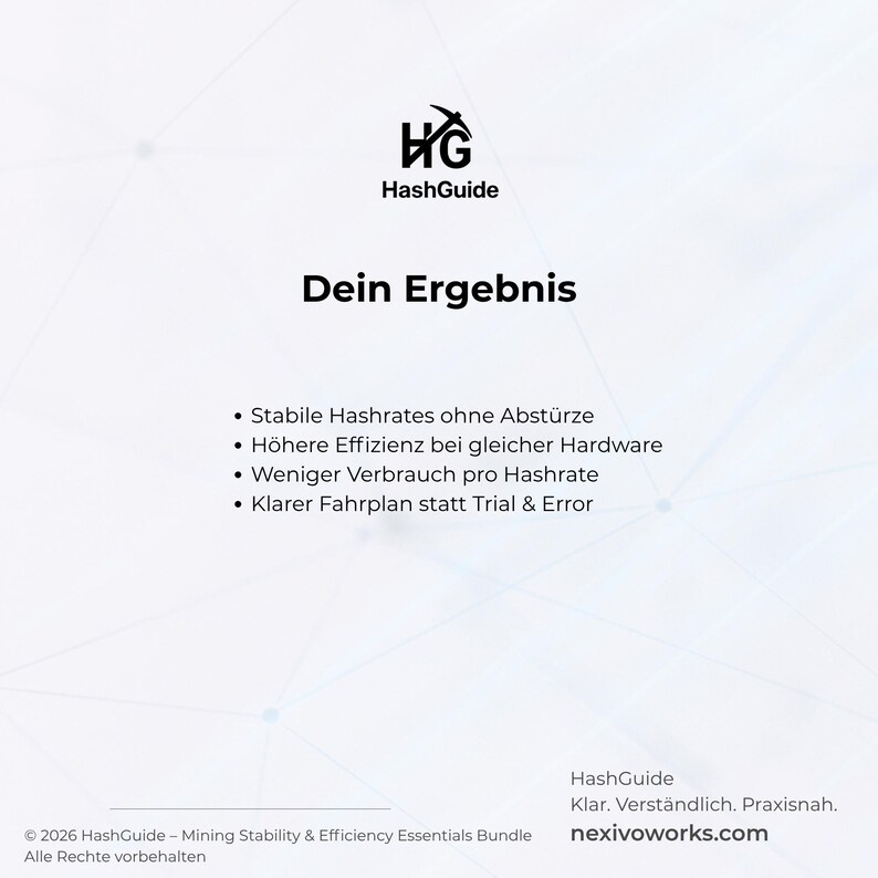 Op de afbeelding: Een witte afbeelding met het "HashGuide"-logo en de tekst "Dein Ergebnis". Hieronder staan opsommingstekens met voordelen, waaronder stabiele hashrates en hogere effici&euml;ntie. De onderkant van de afbeelding bevat de website nexivoworks.com.