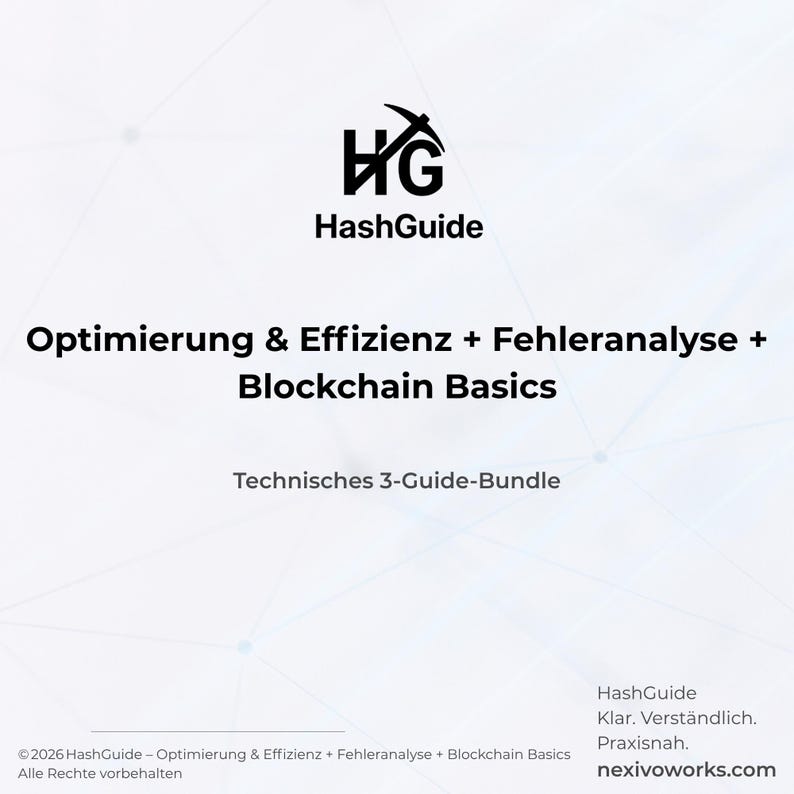 Peut inclure: Une couverture de document num&eacute;rique blanche avec le logo noir HashGuide et une ic&ocirc;ne de pioche. Le texte indique : Optimierung & Effizienz + Fehleranalyse + Blockchain Basics, Technisches 3-Guide-Bundle, et nexivoworks.com avec les droits d'auteur.