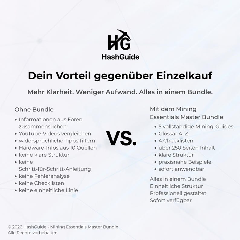 Op de afbeelding: Een Duitstalige grafiek die de voordelen van een mining-bundel vergelijkt met individuele aankopen. De linkerkant somt de nadelen van individuele aankopen op, terwijl de rechterkant de voordelen van de mining-bundel benadrukt, inclusief gidsen en checklists.