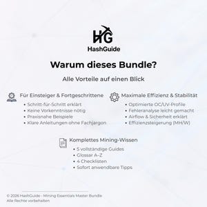 Op de afbeelding: Een wit en lichtblauw grafisch ontwerp met het HashGuide-logo en de tekst "Warum dieses Bundle?" en "Alle Vorteile auf einen Blick". De afbeelding toont de voordelen van de bundel, inclusief handleidingen en checklists.