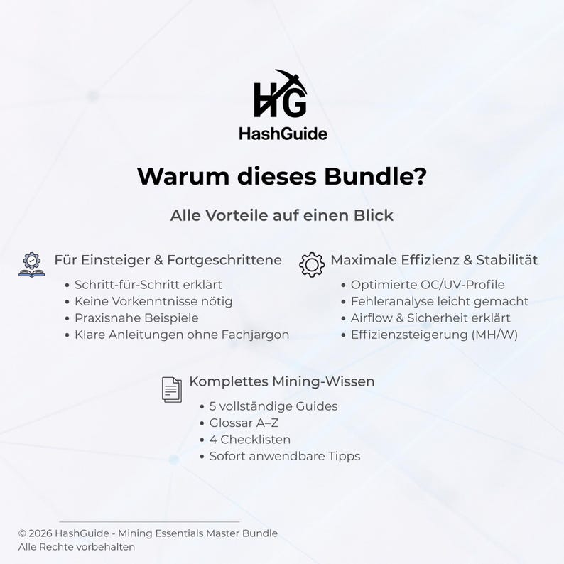 Op de afbeelding: Een wit en lichtblauw grafisch ontwerp met het HashGuide-logo en de tekst "Warum dieses Bundle?" en "Alle Vorteile auf einen Blick". De afbeelding toont de voordelen van de bundel, inclusief handleidingen en checklists.