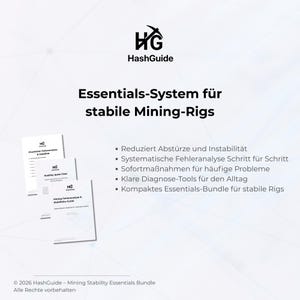 Pu&ograve; includere: Sfondo bianco con il logo HashGuide e il testo "Essentials-System f&uuml;r stabile Mining-Rigs." Sono visibili tre opuscoli bianchi. I punti elenco elencano funzionalit&agrave; come la riduzione di arresti anomali e instabilit&agrave;. &Egrave; visibile anche l'avviso di copyright.