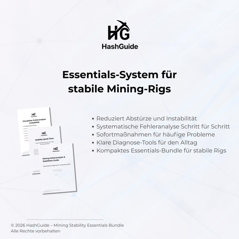 Pu&ograve; includere: Sfondo bianco con il logo HashGuide e il testo "Essentials-System f&uuml;r stabile Mining-Rigs." Sono visibili tre opuscoli bianchi. I punti elenco elencano funzionalit&agrave; come la riduzione di arresti anomali e instabilit&agrave;. &Egrave; visibile anche l'avviso di copyright.