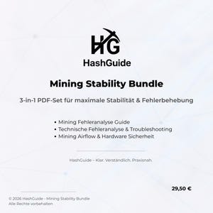 May include: A white graphic with the HashGuide logo and the text "Mining Stability Bundle." The bundle includes a 3-in-1 PDF set for stability and troubleshooting, with guides on mining error analysis, technical troubleshooting, and hardware security.