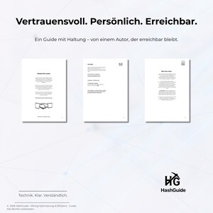 May include: Three white pages with text and a handshake graphic, under the headline "Vertrauensvoll. Pers&ouml;nlich. Erreichbar." and the tagline "Ein Guide mit Haltung - von einem Autor, der erreichbar bleibt." The HashGuide logo is in the bottom right.