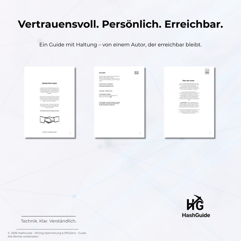 May include: Three white pages with text and a handshake graphic, under the headline "Vertrauensvoll. Pers&ouml;nlich. Erreichbar." and the tagline "Ein Guide mit Haltung - von einem Autor, der erreichbar bleibt." The HashGuide logo is in the bottom right.
