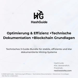 Könnte beinhalten: Ein weißes digitales Dokument mit dem Titel HashGuide und dem Text Optimierung & Effizienz +Technische Dokumentation +Blockchain Grundlagen. Es enthält den Untertitel Technisches 3-Guide-Bundle für stabile, effiziente und klar dokumentierte Mining-Systeme, die Website nexivoworks.com sowie Urheberrechtsinformationen.