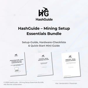 May include: The image displays a white background with the HashGuide logo and text: "HashGuide - Mining Setup Essentials Bundle." Three white booklets are visible, each with the HashGuide logo and titles like "Setup-Guide" and "Quick-Start Mini-Guide."