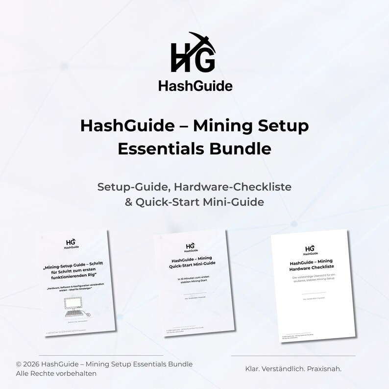 Puede incluir: La imagen muestra un fondo blanco con el logotipo de HashGuide y el texto "HashGuide - Mining Setup Essentials Bundle." Se ven tres folletos blancos, cada uno con el logotipo de HashGuide y t&iacute;tulos como "Setup-Guide" y "Quick-Start Mini-Guide."