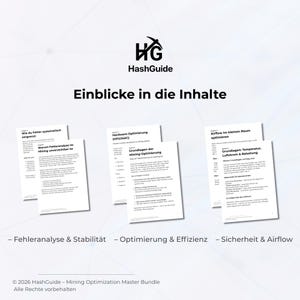Pu&ograve; includere: Immagine promozionale per HashGuide, con il logo dell'azienda e il titolo "Einblicke in die Inhalte." Vengono visualizzati diversi documenti bianchi, con titoli come "Hardware-Optimierung" e "Airflow im kleinen Raum optimieren." La parte inferiore dell'immagine elenca gli argomenti: "Fehleranalyse & Stabilit&auml;t."
