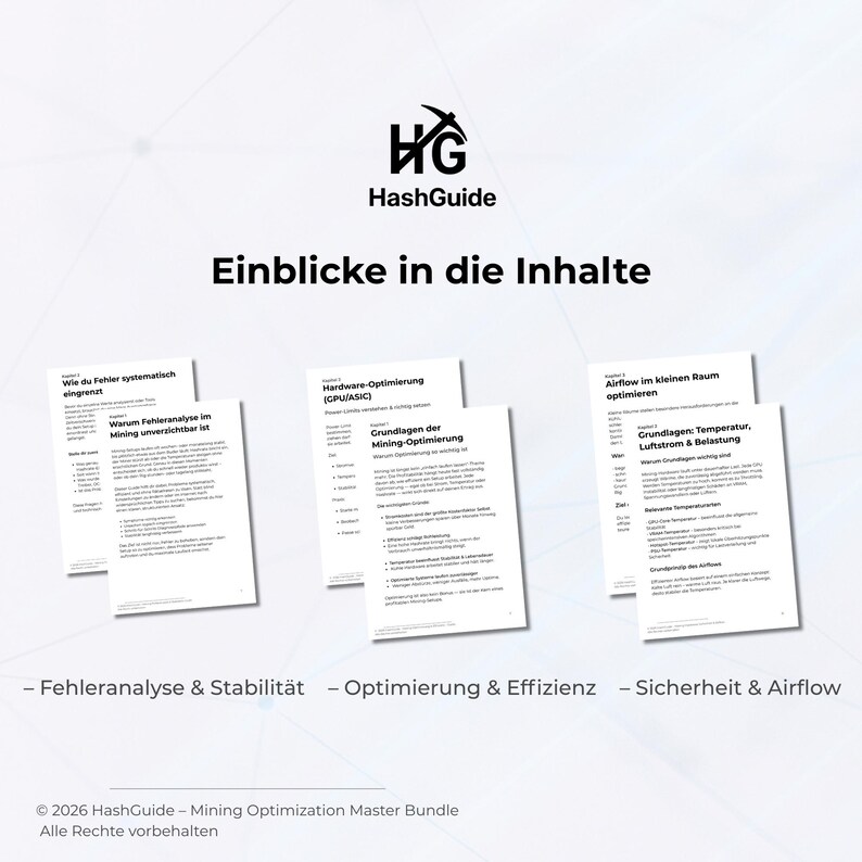 Pu&ograve; includere: Immagine promozionale per HashGuide, con il logo dell'azienda e il titolo "Einblicke in die Inhalte." Vengono visualizzati diversi documenti bianchi, con titoli come "Hardware-Optimierung" e "Airflow im kleinen Raum optimieren." La parte inferiore dell'immagine elenca gli argomenti: "Fehleranalyse & Stabilit&auml;t."