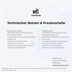 May include: A white informational graphic titled Technischer Nutzen & Praxisvorteile featuring the HashGuide logo. It lists technical benefits and practical advantages in German, including system processes, error analysis, and hardware longevity, ending with nexivoworks.com.