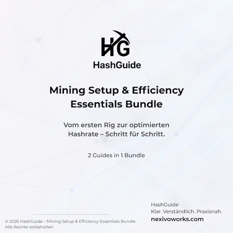May include: A white graphic featuring the HashGuide logo and the text "Mining Setup & Efficiency Essentials Bundle." It also includes "2 Guides in 1 Bundle" and the website "nexivoworks.com."