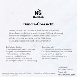 Peut inclure: Un document informatif blanc intitul&eacute; HashGuide Bundle-&Uuml;bersicht. Il pr&eacute;sente un ensemble de trois guides techniques sur l'optimisation des performances, l'analyse des erreurs et l'int&eacute;gration blockchain, avec une liste de guides et avantages.
