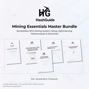 Op de afbeelding: Een promotieafbeelding voor HashGuide's Mining Essentials Master Bundle. De afbeelding toont het HashGuide-logo en de tekst "Mining Essentials Master Bundle". Er worden verschillende gidsen weergegeven, waaronder "Mining Setup Guide" en "Mining Hardware Sicherheit & Airflow."