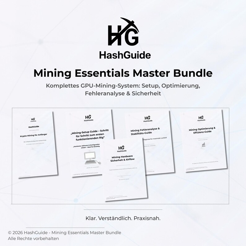 Op de afbeelding: Een promotieafbeelding voor HashGuide's Mining Essentials Master Bundle. De afbeelding toont het HashGuide-logo en de tekst "Mining Essentials Master Bundle". Er worden verschillende gidsen weergegeven, waaronder "Mining Setup Guide" en "Mining Hardware Sicherheit & Airflow."
