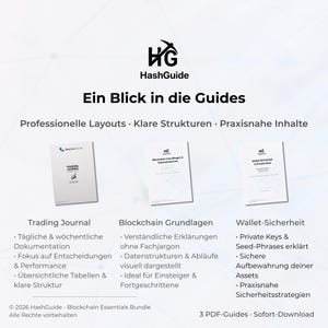May include: Three white PDF guides with the text "Trading Journal", "Blockchain Grundlagen", and "Wallet-Sicherheit". The guides are on a white background with the HashGuide logo at the top. Text includes "Professional Layouts" and "3 PDF-Guides - Sofort-Download".