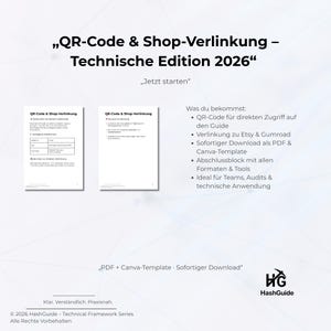 May include: A digital guide titled "QR-Code & Shop-Verlinkung - Technische Edition 2026" with the text "Jetzt starten." The guide includes information on QR codes, Etsy, Gumroad, PDF downloads, and Canva templates. The HashGuide logo is visible.
