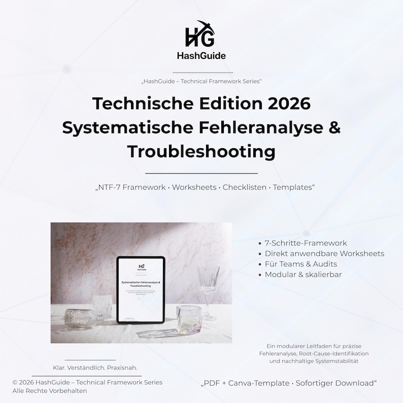 May include: Promotional image for HashGuide's "Technische Edition 2026" on systematic error analysis and troubleshooting. The image features a tablet displaying the product title, along with text about the framework, worksheets, and templates. The background is a neutral color.
