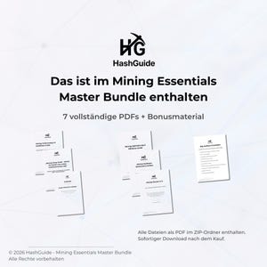 Op de afbeelding: Een digitale productbundel getiteld "Mining Essentials Master Bundle" met het HashGuide-logo. De afbeelding toont zeven PDF-documenten en bonusmateriaal. Tekst bevat "Das ist im Mining Essentials Master Bundle enthalten" en "7 vollst&auml;ndige PDFs + Bonusmaterial."