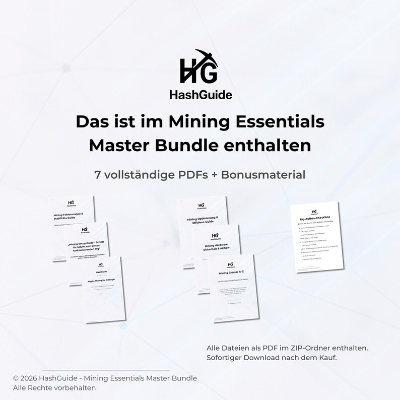 Op de afbeelding: Een digitale productbundel getiteld "Mining Essentials Master Bundle" met het HashGuide-logo. De afbeelding toont zeven PDF-documenten en bonusmateriaal. Tekst bevat "Das ist im Mining Essentials Master Bundle enthalten" en "7 vollst&auml;ndige PDFs + Bonusmaterial."