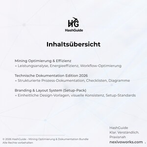 Puede incluir: Un documento blanco titulado Inhalts&uuml;bersicht con el logotipo de HashGuide y un icono de pico. Enumera Mining Optimierung & Effizienz, Technische Dokumentation Edition 2026 y Branding & Layout System con subpuntos. Incluye copyright 2026.