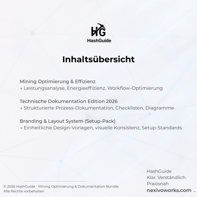 Puede incluir: Un documento blanco titulado Inhalts&uuml;bersicht con el logotipo de HashGuide y un icono de pico. Enumera Mining Optimierung & Effizienz, Technische Dokumentation Edition 2026 y Branding & Layout System con subpuntos. Incluye copyright 2026.